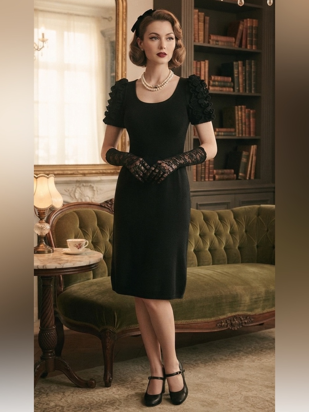 St. John black Santana knit Dress with Ruffled Sleeves